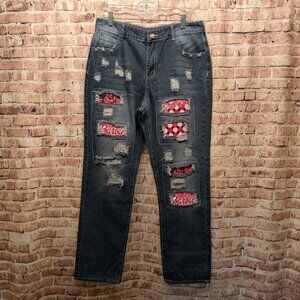 Ripped Jeans With Barbie Patches Size Large 32 Waist